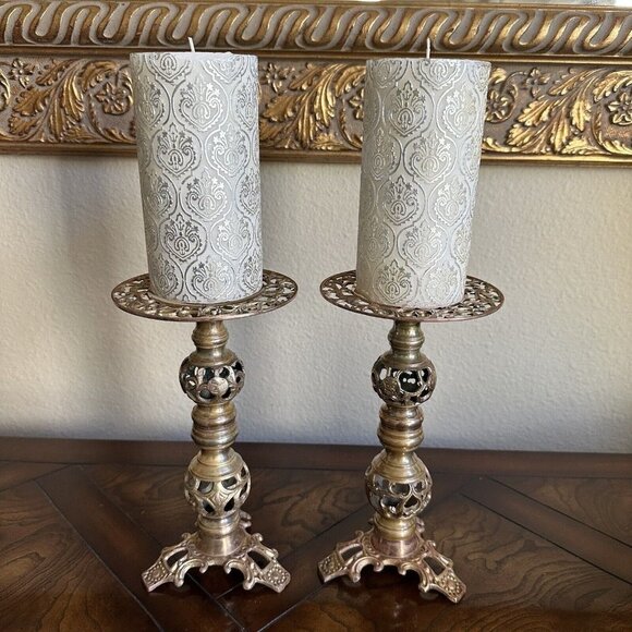 Pair Candlesticks Ornate Brass Filigree Footed With Candles VTG Size 9.5"‎ H - Picture 1 of 12